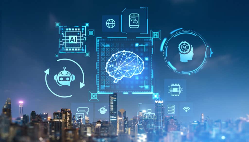 Immersive AI artificial intelligence brain interface over blurry night city background. Concept of machine learning and hi tech