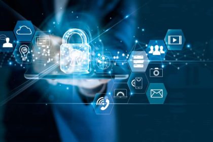 data protection privacy concept. gdpr. eu. cyber security network. business man protecting data personal information on tablet. padlock icon and internet technology networking connection on digital dark blue background.